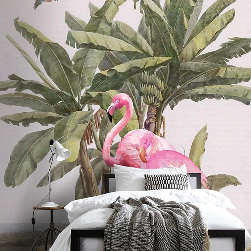 Vogel- und Flamingo-Wandtapete für die Schlafzimmerdekoration eines Mädchens, Rosa und Grün, nach Maß gefertigt Clearhalo