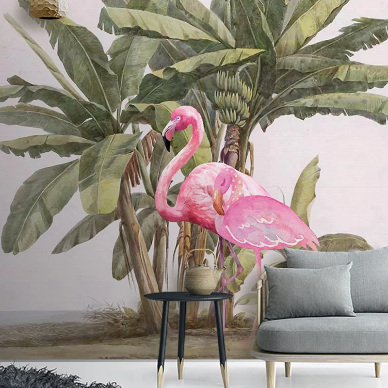 Vogel- und Flamingo-Wandtapete für die Schlafzimmerdekoration eines Mädchens, Rosa und Grün, nach Maß gefertigt Clearhalo