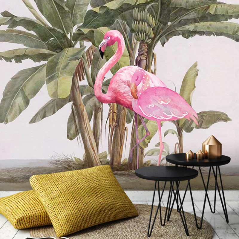 Vogel- und Flamingo-Wandtapete für die Schlafzimmerdekoration eines Mädchens, Rosa und Grün, nach Maß gefertigt Clearhalo