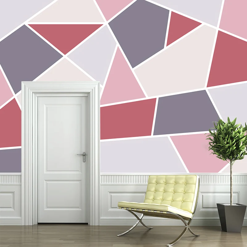Vollformatige Geometrie-Tapete, zeitgenössische Tangram-Wandverkleidung Grau und Rosa Clearhalo