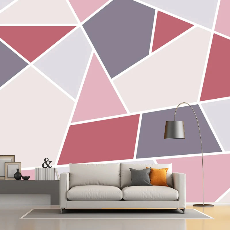 Vollformatige Geometrie-Tapete, zeitgenössische Tangram-Wandverkleidung Grau und Rosa Clearhalo
