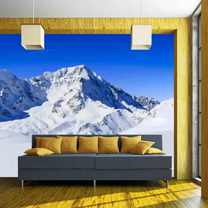 Vollformatiges Wandgemälde mit Schneelandschaft für Schlafzimmer, Wanddekoration mit gerader Straße zum Bergmuster Blau-We...