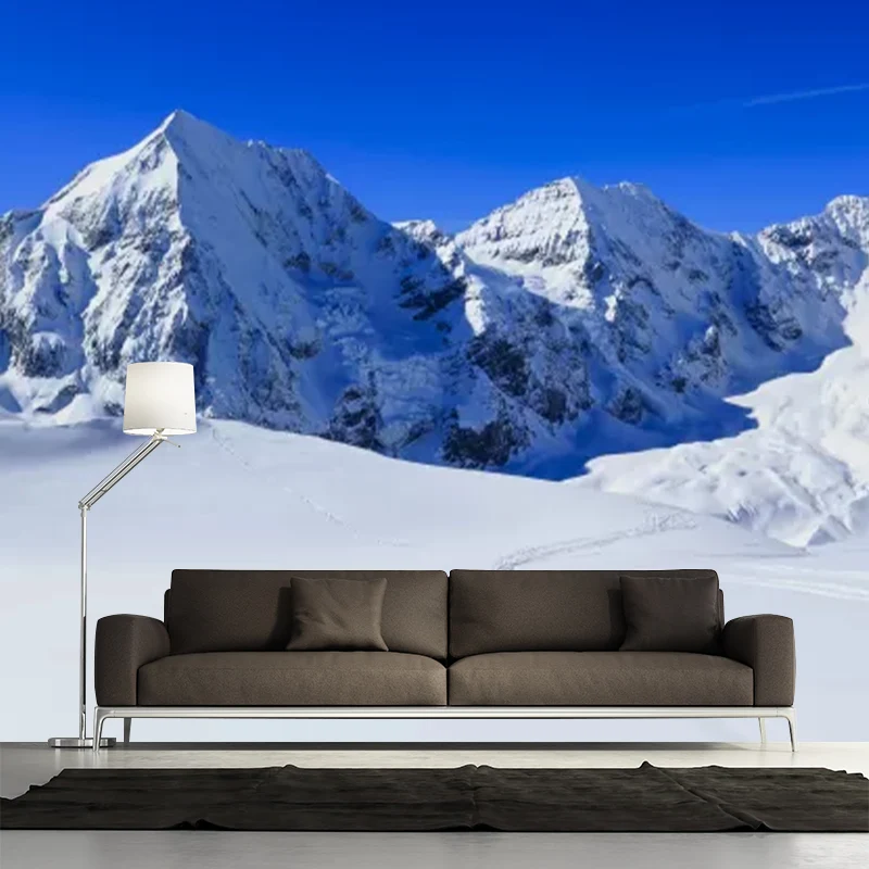 Vollformatiges Wandgemälde mit Schneelandschaft für Schlafzimmer, Wanddekoration mit gerader Straße zum Bergmuster Blau-We...
