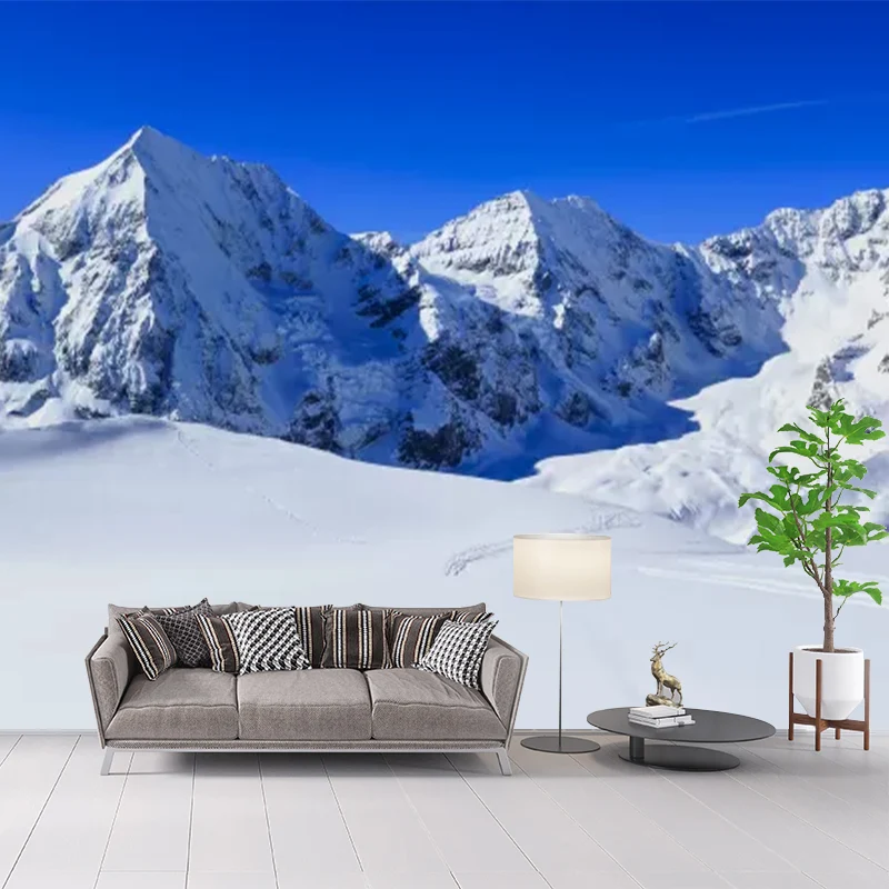Vollformatiges Wandgemälde mit Schneelandschaft für Schlafzimmer, Wanddekoration mit gerader Straße zum Bergmuster Blau-We...
