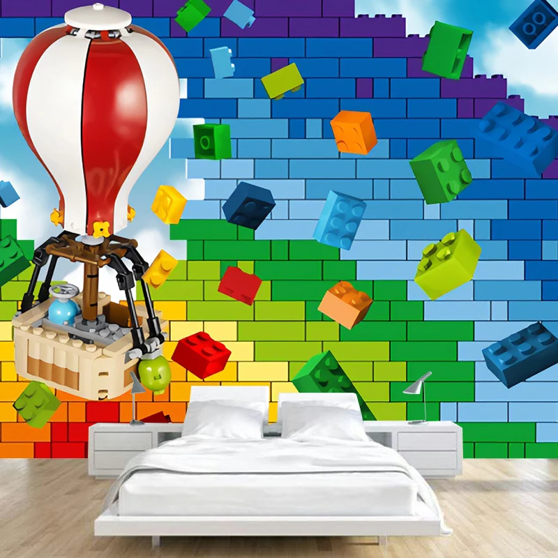 Vollständige Illustration einer zeitgenössischen Wandtapete für Kinder mit Spielzeugziegel- und Ballondesign mehreren Farb...