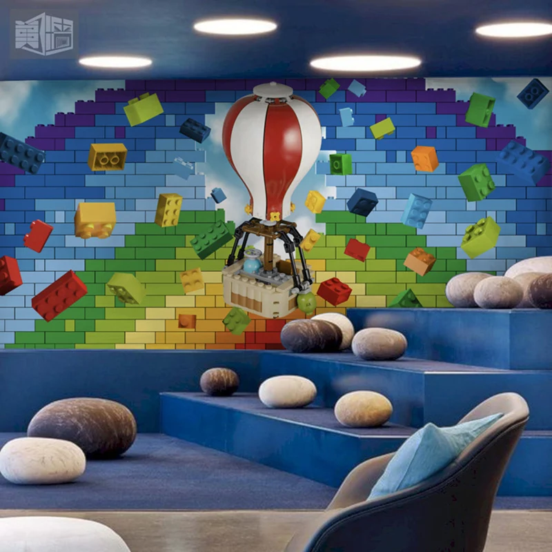 Vollständige Illustration einer zeitgenössischen Wandtapete für Kinder mit Spielzeugziegel- und Ballondesign mehreren Farb...