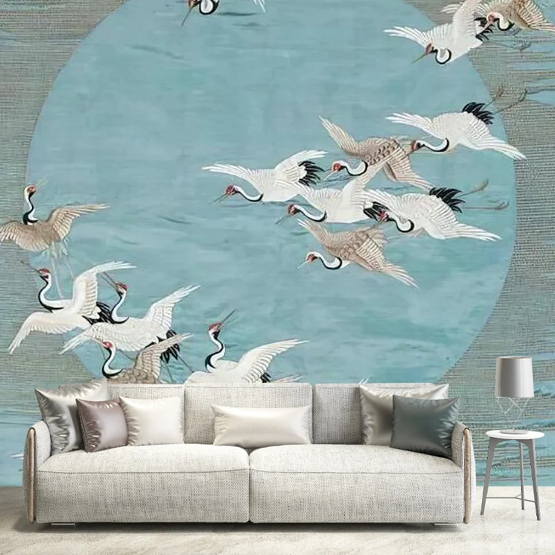 Von Asien inspiriertes Wildkranich-Wandbild für das Wohnzimmer, individuell bedruckte Wandkunst Blau und Grau Clearhalo