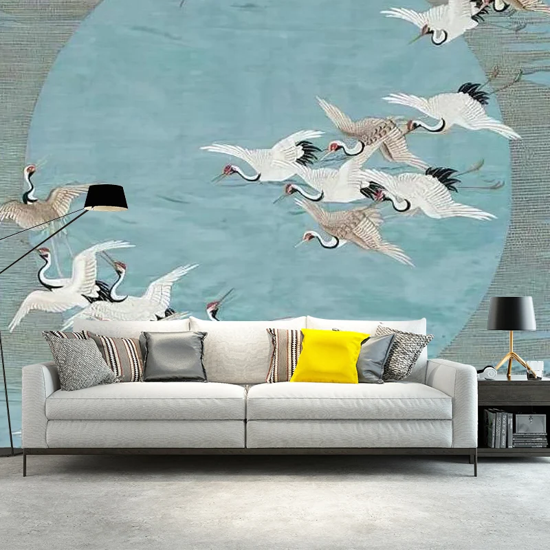 Von Asien inspiriertes Wildkranich-Wandbild für das Wohnzimmer, individuell bedruckte Wandkunst Blau und Grau Clearhalo