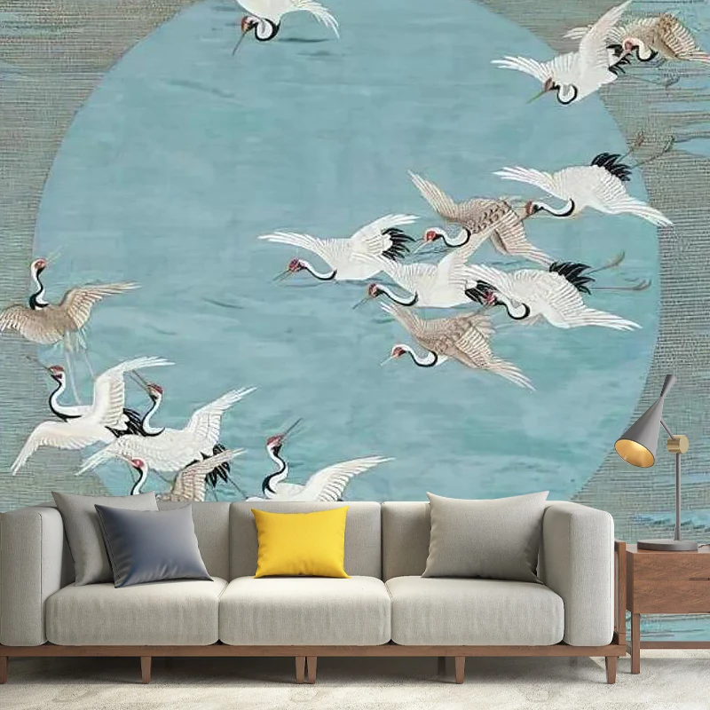 Von Asien inspiriertes Wildkranich-Wandbild für das Wohnzimmer, individuell bedruckte Wandkunst Blau und Grau Clearhalo