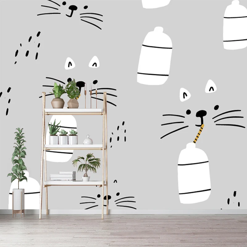 Wandaufkleber mit Cartoon-Katze, die Milch trinkt, grau, wasserabweisend, Wanddekoration für Babyzimmer Clearhalo