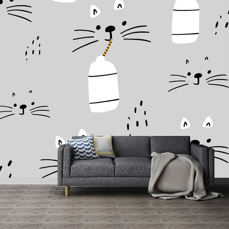 Wandaufkleber mit Cartoon-Katze, die Milch trinkt, grau, wasserabweisend, Wanddekoration für Babyzimmer Clearhalo