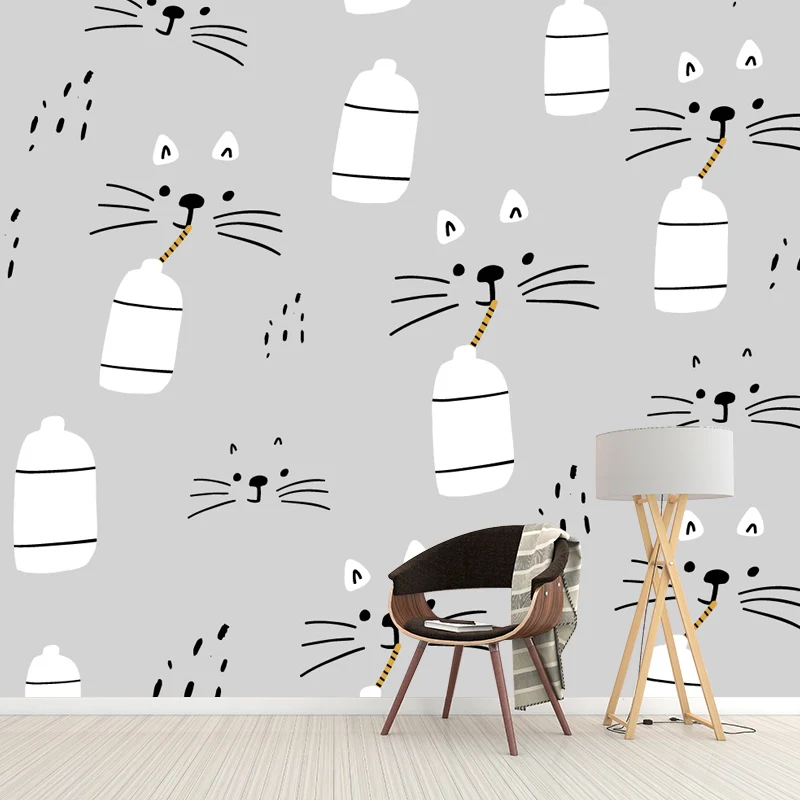 Wandaufkleber mit Cartoon-Katze, die Milch trinkt, grau, wasserabweisend, Wanddekoration für Babyzimmer Clearhalo