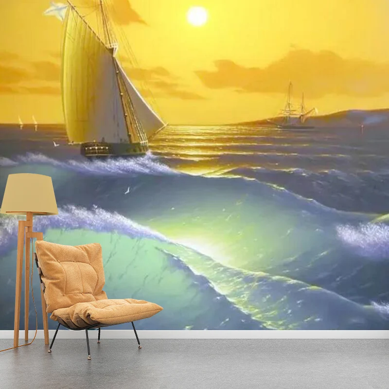 Wandbild mit ganzem Boot und Sonnenuntergang Gelb und Grün, Wandverkleidung aus Vliesstoff für Zuhause, nach Maß gefertigt...