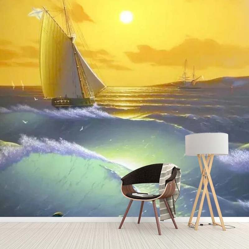 Wandbild mit ganzem Boot und Sonnenuntergang Gelb und Grün, Wandverkleidung aus Vliesstoff für Zuhause, nach Maß gefertigt...