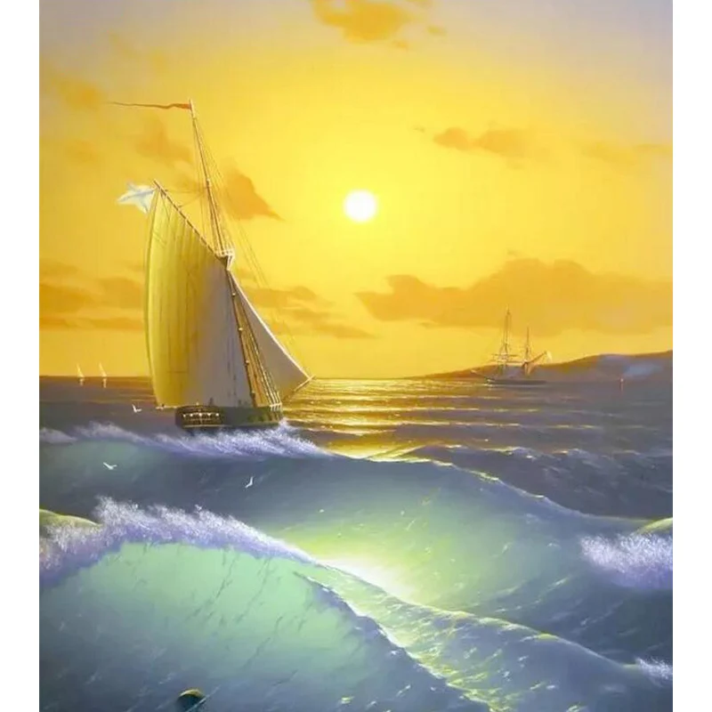 Wandbild mit ganzem Boot und Sonnenuntergang Gelb und Grün, Wandverkleidung aus Vliesstoff für Zuhause, nach Maß gefertigt...