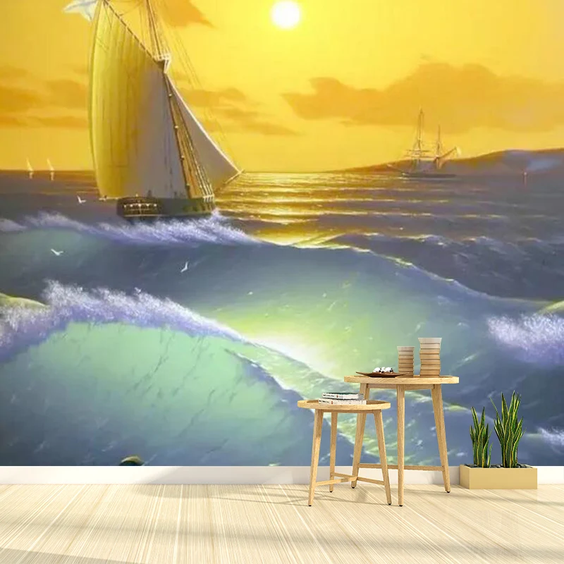Wandbild mit ganzem Boot und Sonnenuntergang Gelb und Grün, Wandverkleidung aus Vliesstoff für Zuhause, nach Maß gefertigt...