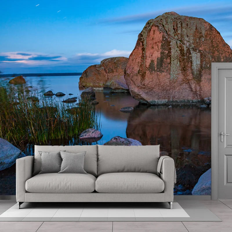 Wandbild mit Tropen-Abendszene, blaubrauner Felsen auf verspiegeltem Meeresschwarm, Wandkunst für Schlafzimmer Clearhalo