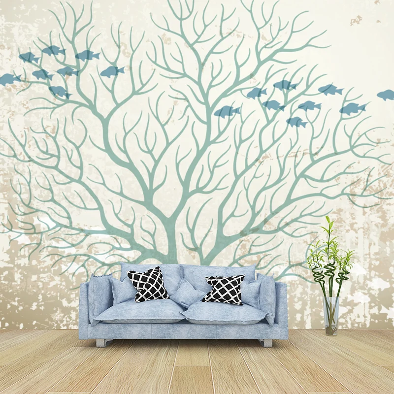 Wandbilder mit Fischen und kahlen Bäumen, moderne, feuchtigkeitsbeständige Wandverkleidung für das Wohnzimmer, nach Maß Cl...