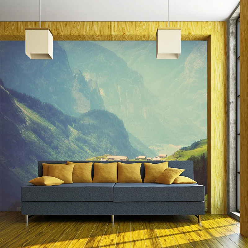 Wandgemälde „Grünes Dorf am Berghang“, wasserabweisend, moderne Wohnzimmer-Wanddekoration Clearhalo