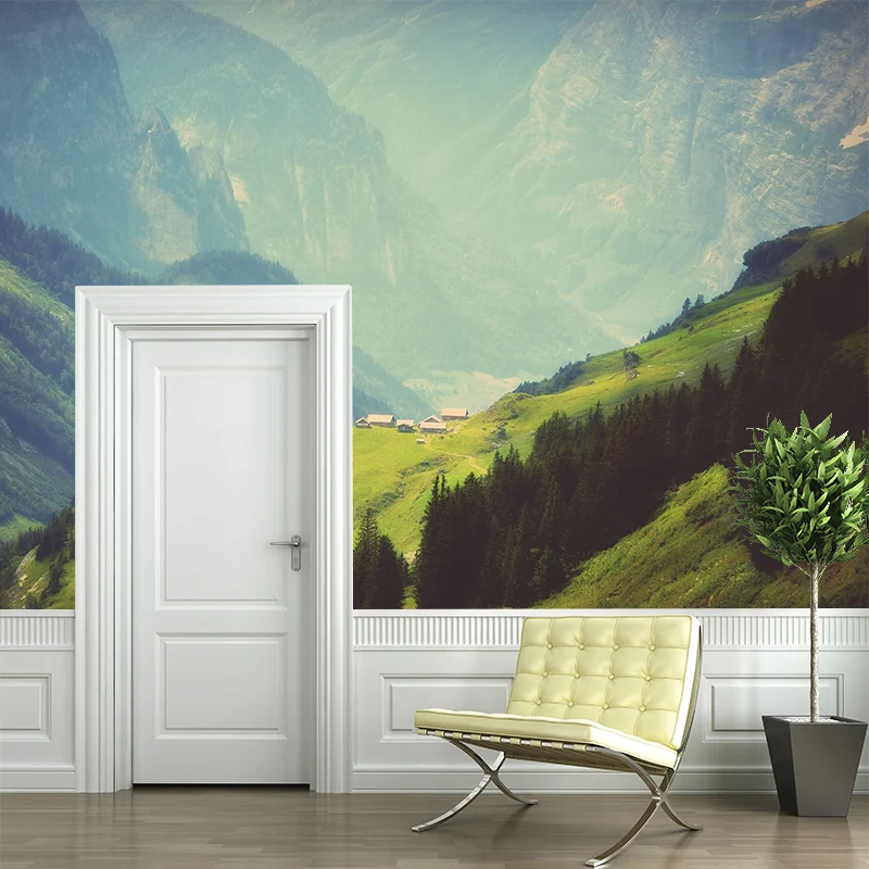 Wandgemälde „Grünes Dorf am Berghang“, wasserabweisend, moderne Wohnzimmer-Wanddekoration Clearhalo