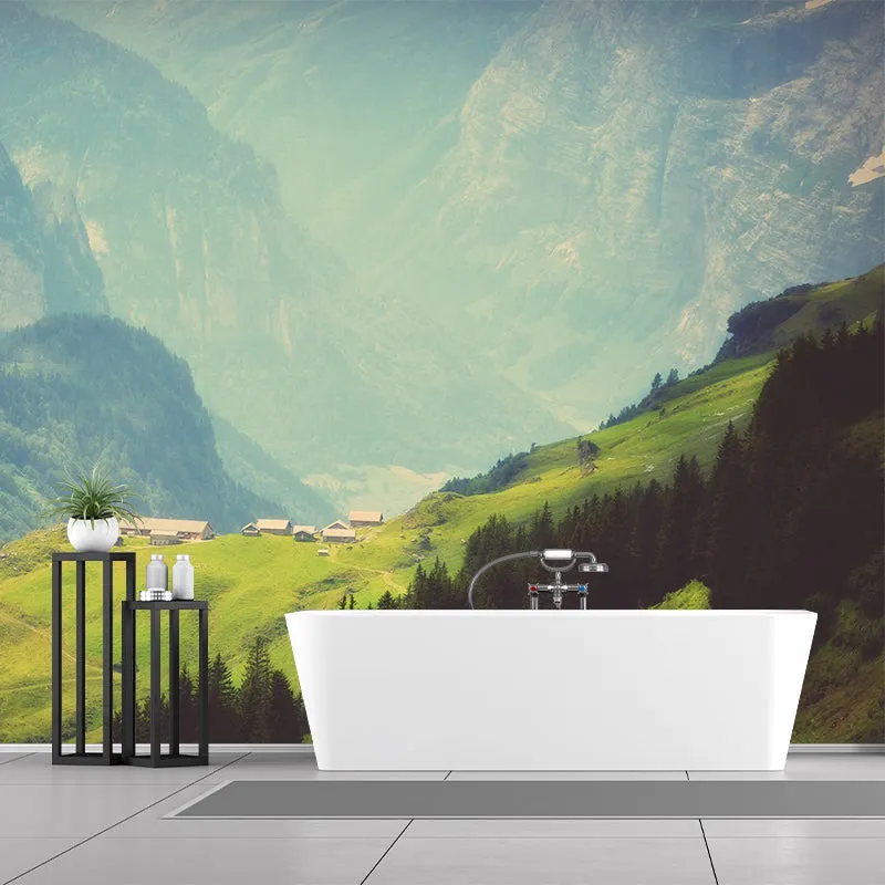 Wandgemälde „Grünes Dorf am Berghang“, wasserabweisend, moderne Wohnzimmer-Wanddekoration Clearhalo
