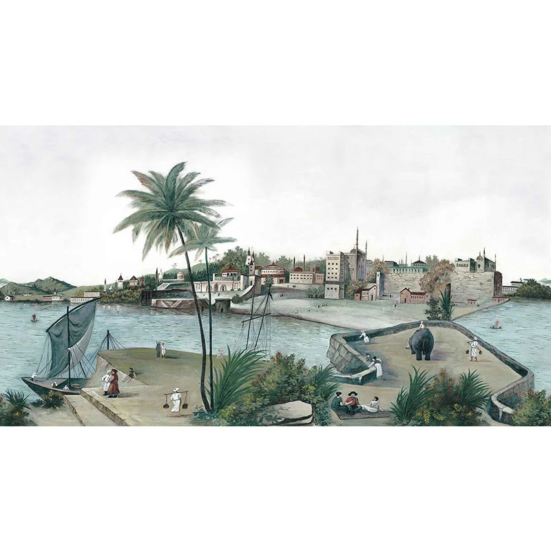 Wandgemälde „Hafen und Stadt“ voller Größe aus weichgrünem Vliesstoff, Wandkunst für das Wohnzimmer, maßgeschneidert Clear...