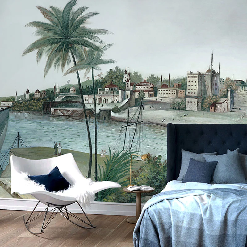 Wandgemälde „Hafen und Stadt“ voller Größe aus weichgrünem Vliesstoff, Wandkunst für das Wohnzimmer, maßgeschneidert Clear...