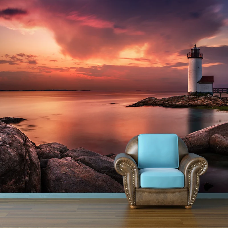 Wandgemälde „Leuchtturm am Flussufer der Abenddämmerung“ Orange, nordische Wandkunst für das Wohnzimmer, individuell bedru...