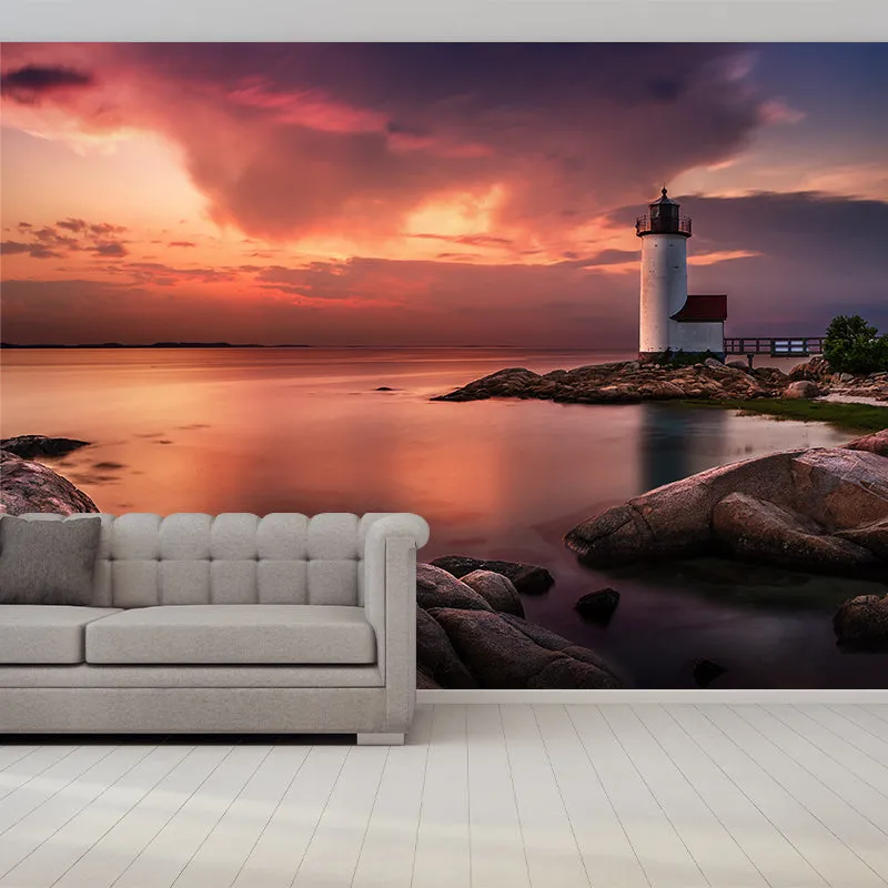 Wandgemälde „Leuchtturm am Flussufer der Abenddämmerung“ Orange, nordische Wandkunst für das Wohnzimmer, individuell bedru...