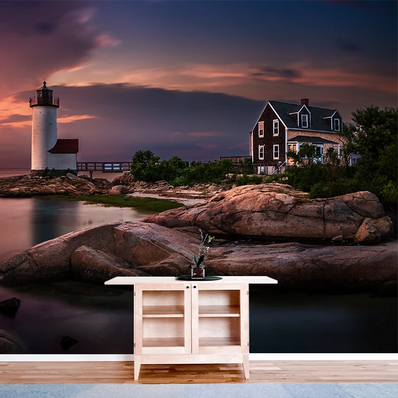 Wandgemälde „Leuchtturm am Flussufer der Abenddämmerung“ Orange, nordische Wandkunst für das Wohnzimmer, individuell bedru...
