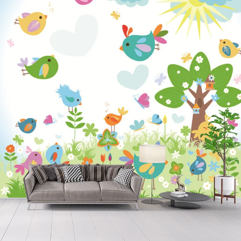 Wandgemälde mit Cartoon-Frühlingsszene, farbenfrohe, schmutzabweisende Wandverkleidung für Kinderzimmer Clearhalo