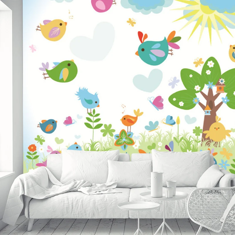 Wandgemälde mit Cartoon-Frühlingsszene, farbenfrohe, schmutzabweisende Wandverkleidung für Kinderzimmer Clearhalo