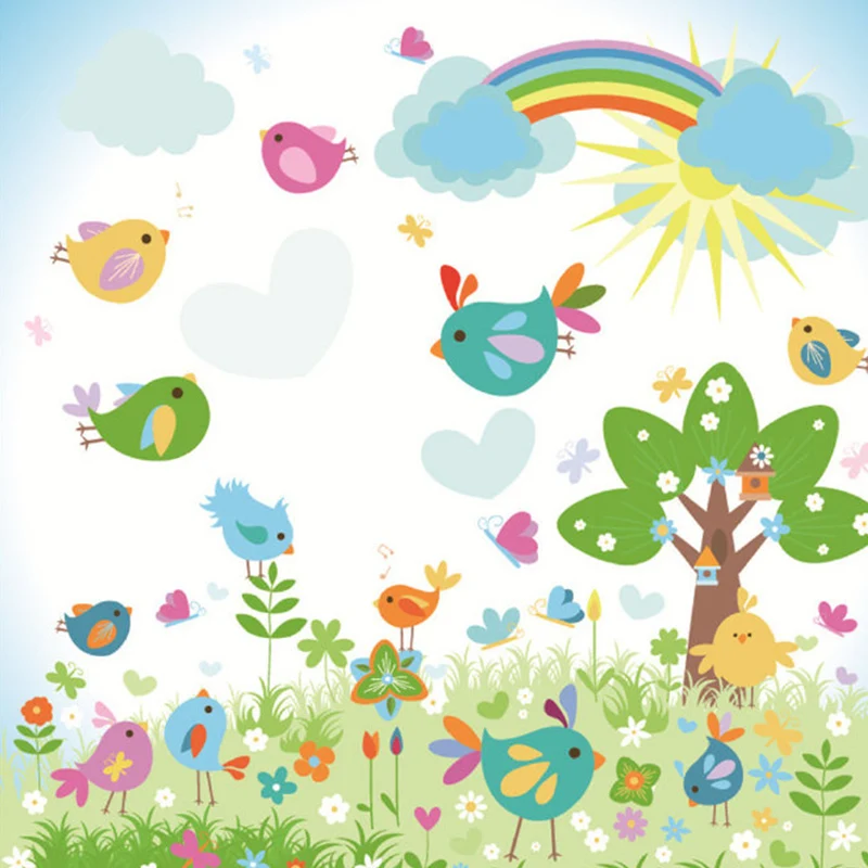 Wandgemälde mit Cartoon-Frühlingsszene, farbenfrohe, schmutzabweisende Wandverkleidung für Kinderzimmer Clearhalo