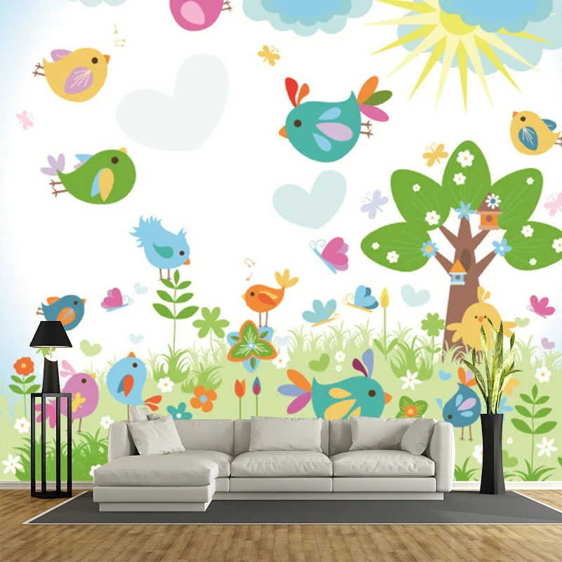 Wandgemälde mit Cartoon-Frühlingsszene, farbenfrohe, schmutzabweisende Wandverkleidung für Kinderzimmer Clearhalo