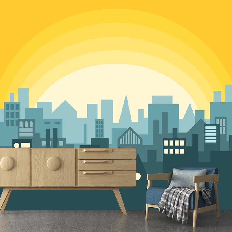 Wandgemälde mit nordischer Stadtlandschaft Blau und Gelb, Wandkunst für das Wohnzimmer, individuelle Größe erhältlich Clea...