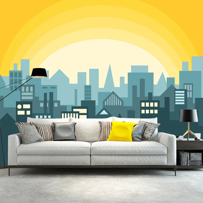 Wandgemälde mit nordischer Stadtlandschaft Blau und Gelb, Wandkunst für das Wohnzimmer, individuelle Größe erhältlich Clea...