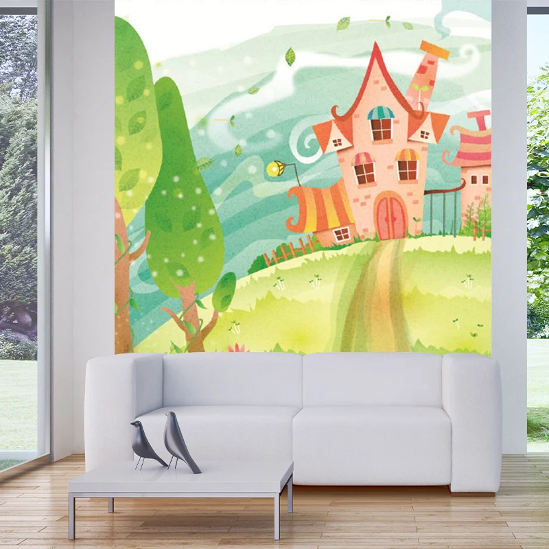 Wandgemälde „ Path to Castle“ im Cartoon-Stil Rosa-Blau-Grün für das Kinderzimmer Clearhalo