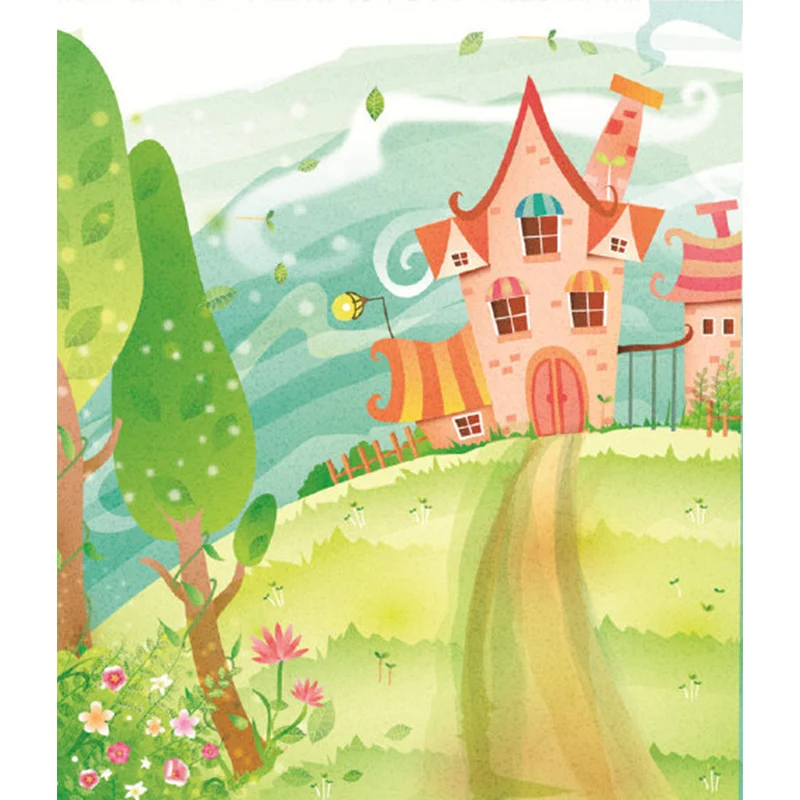 Wandgemälde „ Path to Castle“ im Cartoon-Stil Rosa-Blau-Grün für das Kinderzimmer Clearhalo