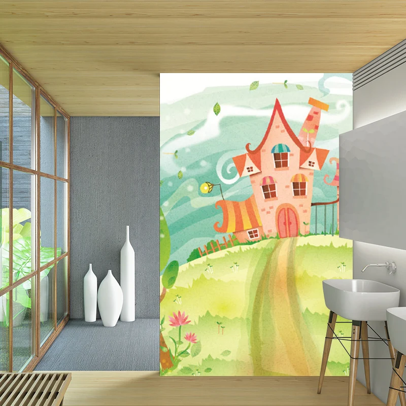 Wandgemälde „ Path to Castle“ im Cartoon-Stil Rosa-Blau-Grün für das Kinderzimmer Clearhalo