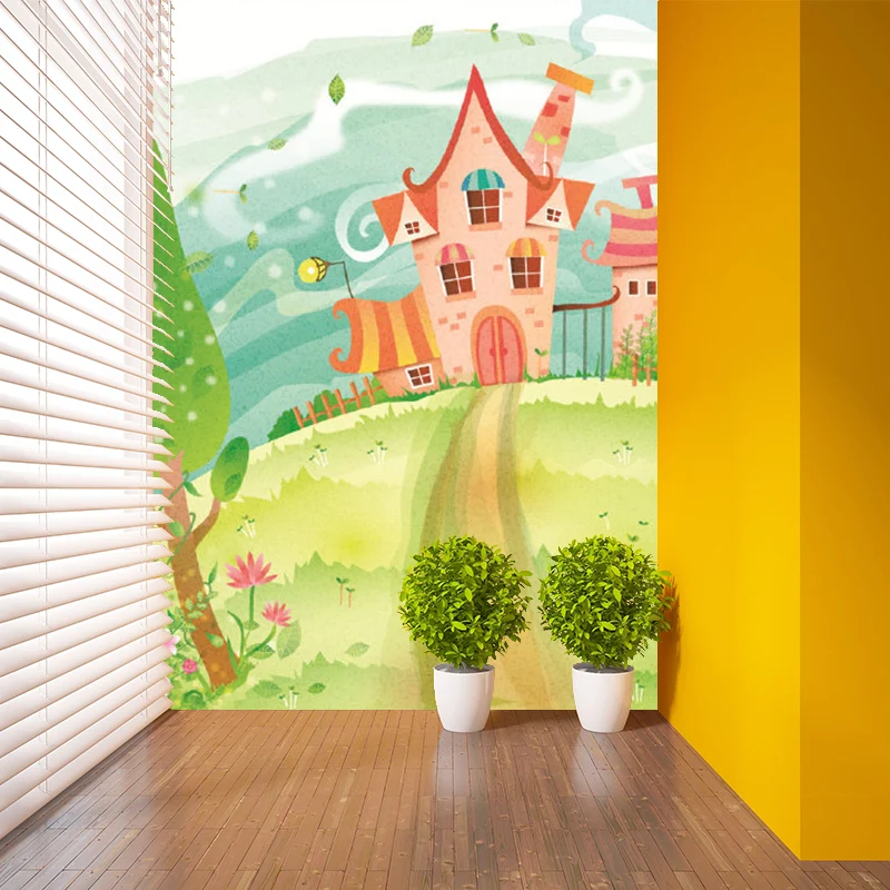Wandgemälde „ Path to Castle“ im Cartoon-Stil Rosa-Blau-Grün für das Kinderzimmer Clearhalo