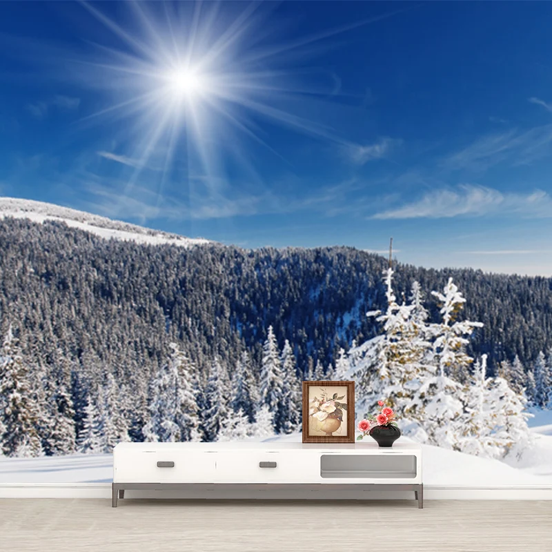 Wandgemälde „Snow Cypress Mountain Scenery“, zeitgenössische Vlieswandverkleidung Blau Clearhalo