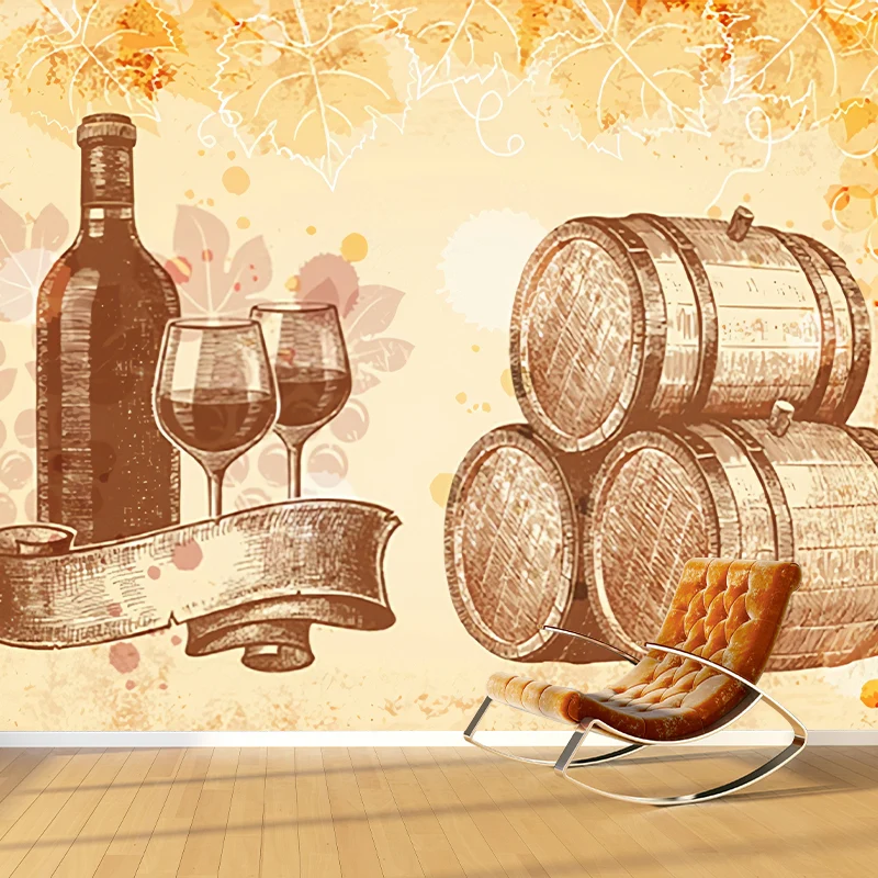 Wandgemälde „Wein und Gerichte“ Gelb, Retro-Wandkunst für ein Restaurant Clearhalo