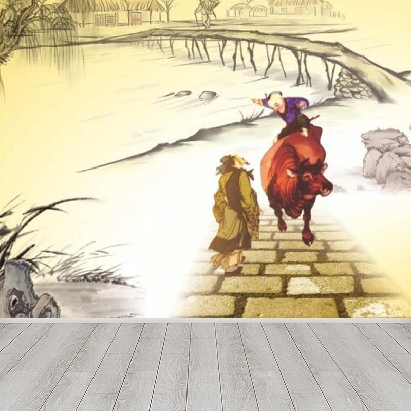 Wandtattoo „Landkuh und Figur“, klassische Vlies-Wandverkleidung mit Struktur Gelb Clearhalo