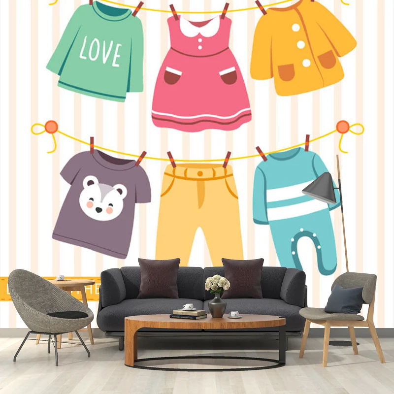 Wandverkleidung mit Cartoon-Kleidung, Vliesstoff, schmutzabweisend, blau-gelb-grüne Wandkunst für Kindertagesstätten Clear...