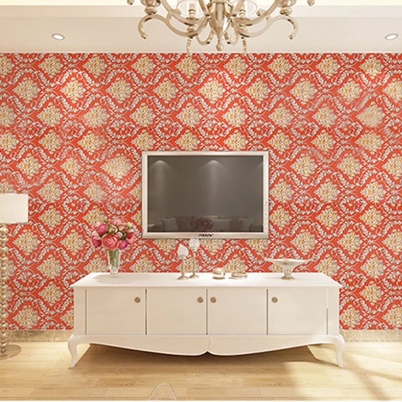 Wasserbeständige Wandverkleidung, abnehmbare Luxe Damasque PVC-Wanddekoration Hellrot Clearhalo