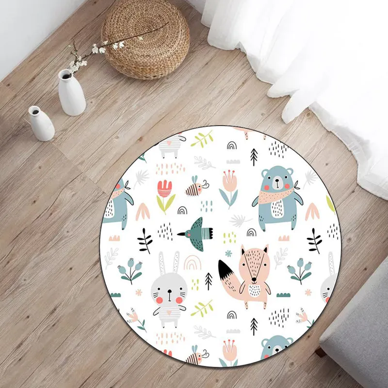 Weißer Kinderzimmerteppich, Kindertier, Kaninchen, Fuchs, Bär, Blumenmuster, Teppich aus Polyester mit rutschfester Rückse...