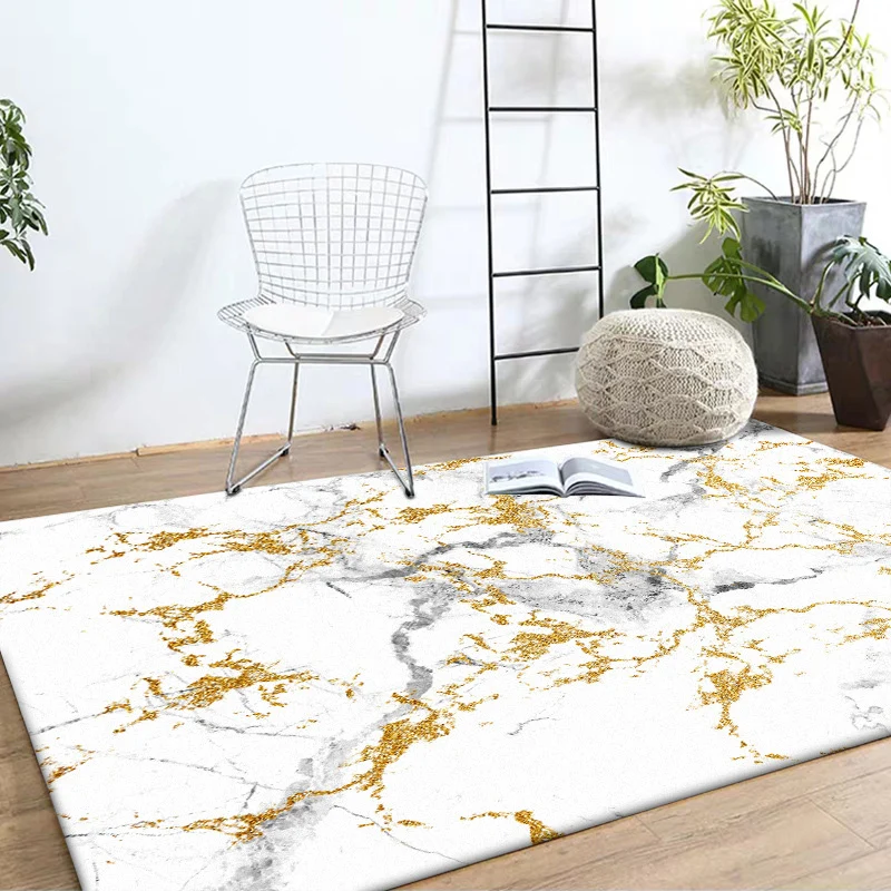 Weißer und goldener moderner Teppich aus Polyester, abstrakter Teppich, waschbarer, rutschfester Teppich für das Wohnzimme...