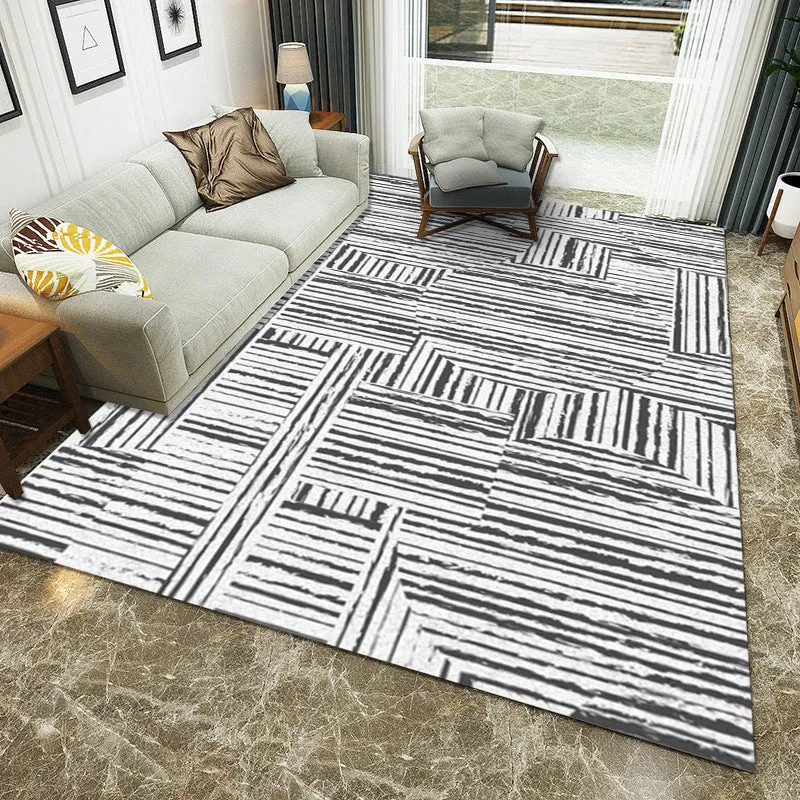 Weißer Wohnzimmerteppich mit Streifen und geometrischem Muster, waschbarer Teppich aus Polyester Clearhalo