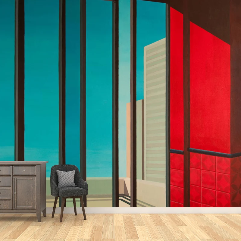 Zeitgenössische Fenstergemälde, rot-blaue, wasserabweisende Wandkunst für das Wohnzimmer Clearhalo