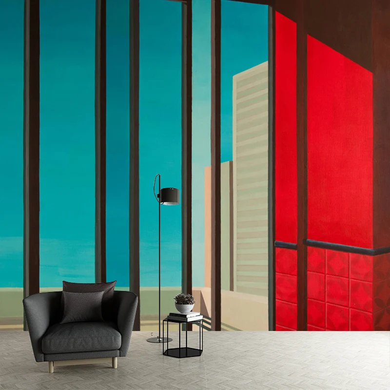 Zeitgenössische Fenstergemälde, rot-blaue, wasserabweisende Wandkunst für das Wohnzimmer Clearhalo